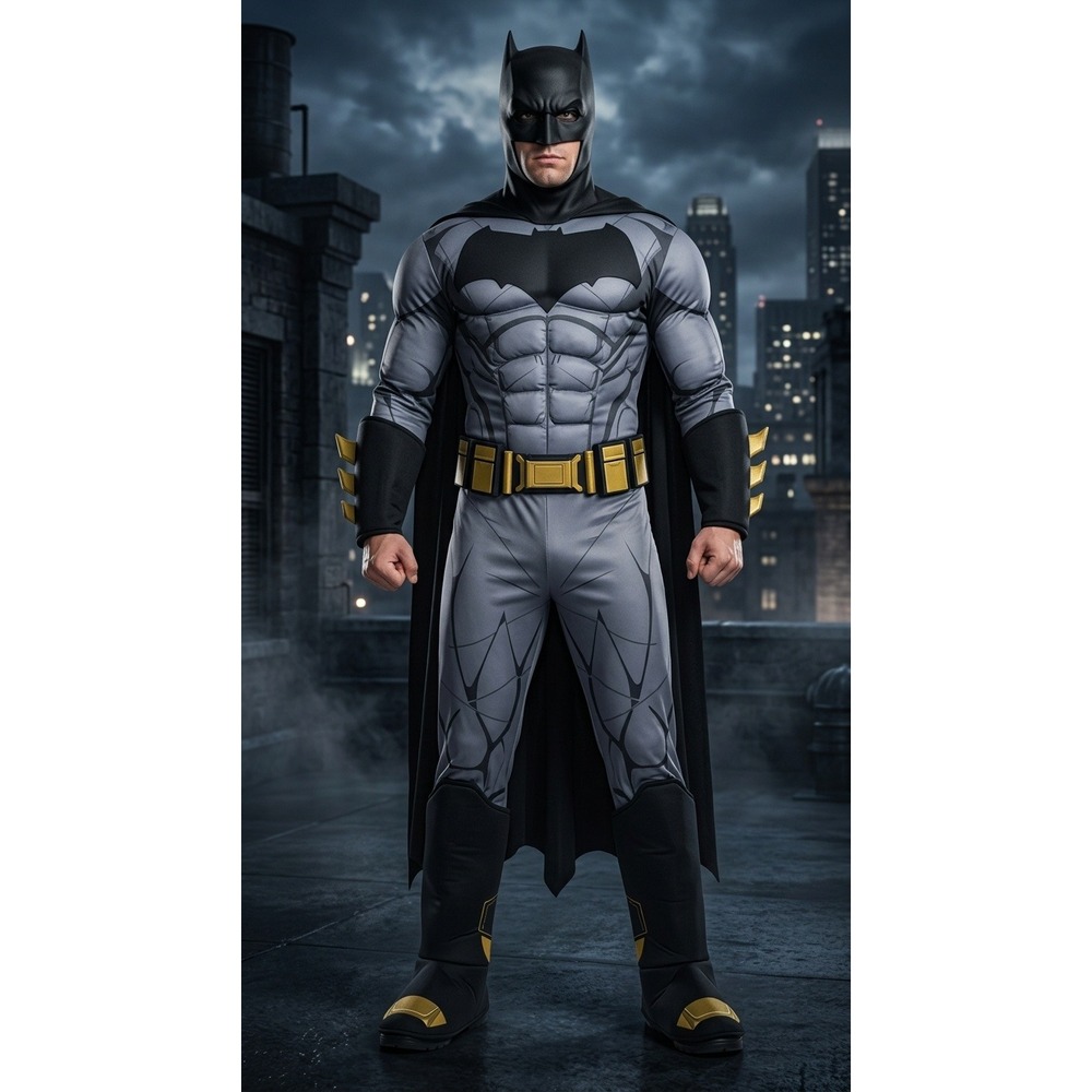 Rubies Batman v Superman Costume Mens M Gray Muscle Chest Superhero Cape Mask